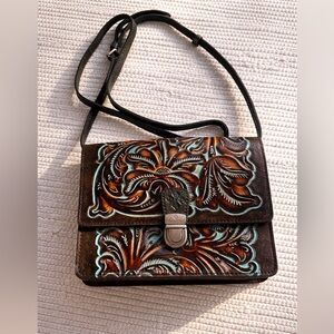 Tooled Leather Crossbody | Brown & Turquoise Embossed Floral | Vintage Style